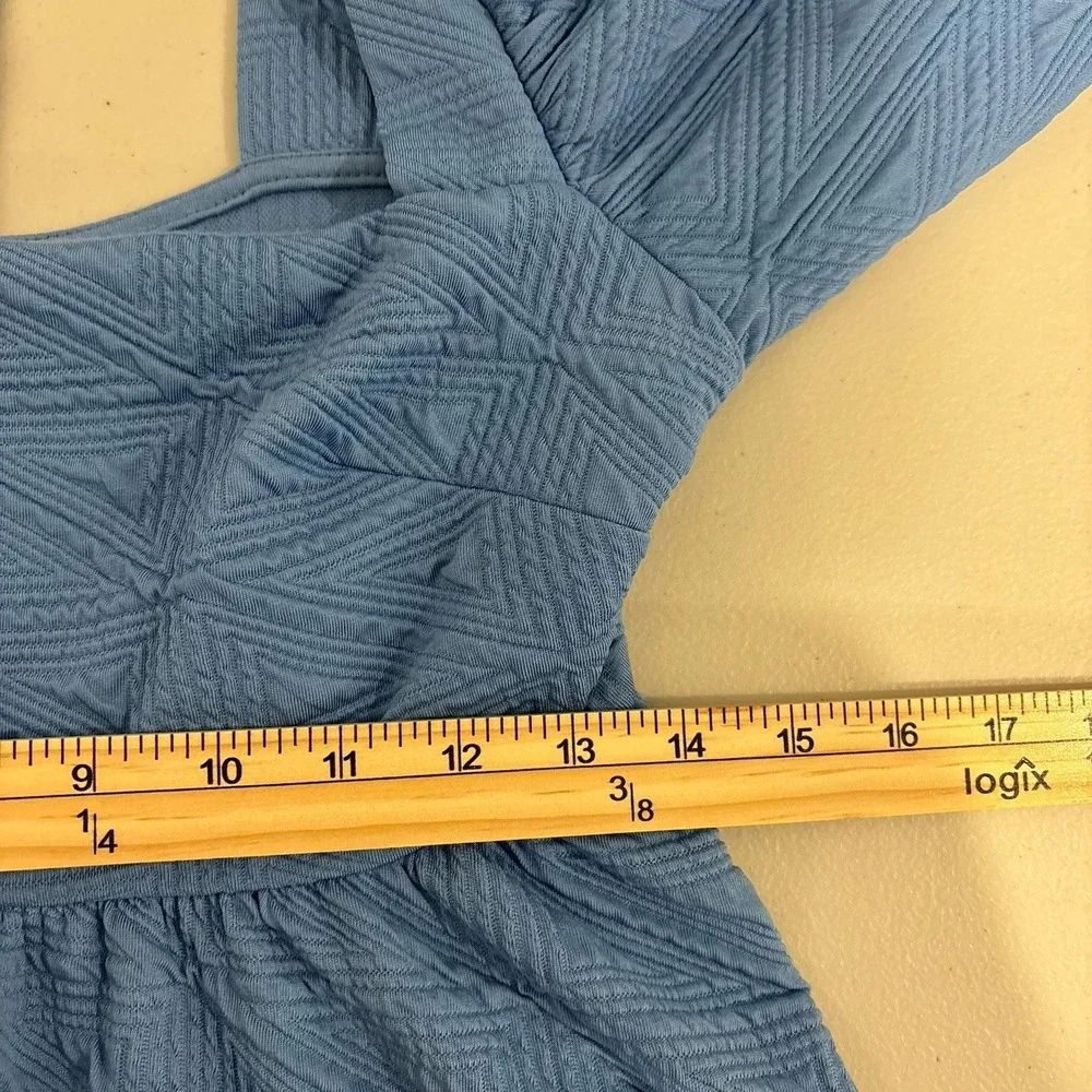 Free People Blue Puff Sleeve Textured Mini  Dress Size S Tie Back Babydoll